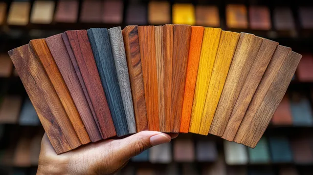Hand holds a fan of wood swatches showing different plank colors and grain textures in a showroom.