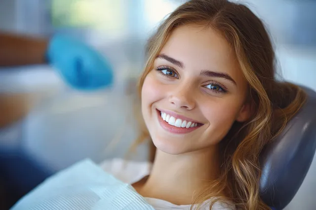 Young woman smiling with bright white teeth while seated in dental chair