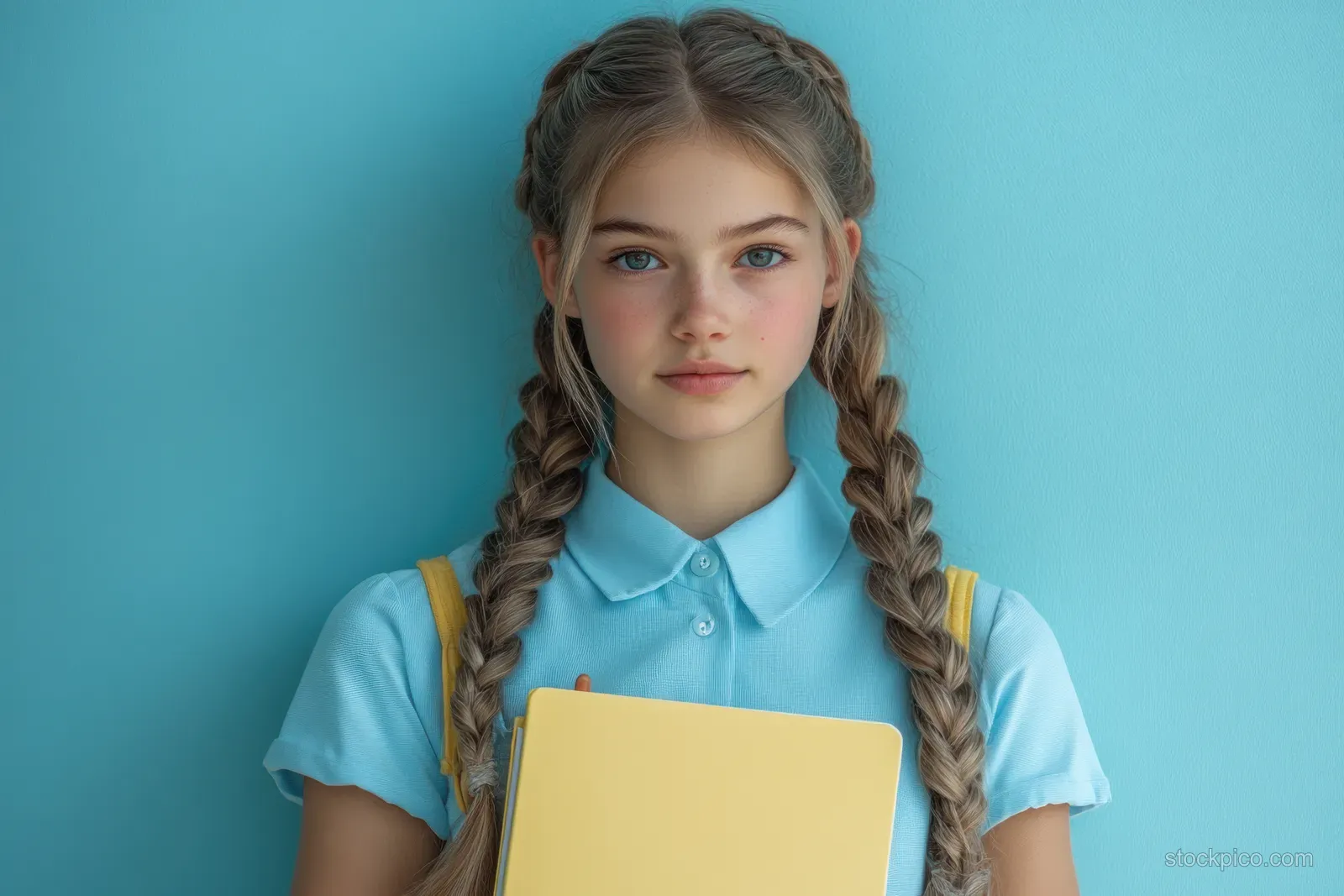 Smiling schoolgirl in a light blue uniform holding a yellow folder and pen against a pastel backdrop.