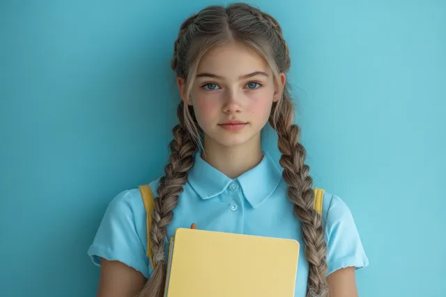 Smiling schoolgirl in a light blue uniform holding a yellow folder and pen against a pastel backdrop.