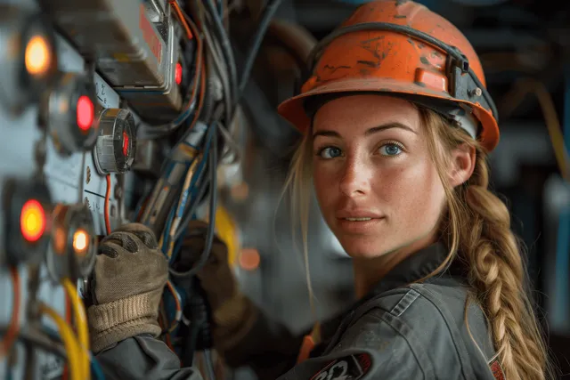 Woman in a hard hat works at an industrial control panel with exposed wires in a factory workshop.