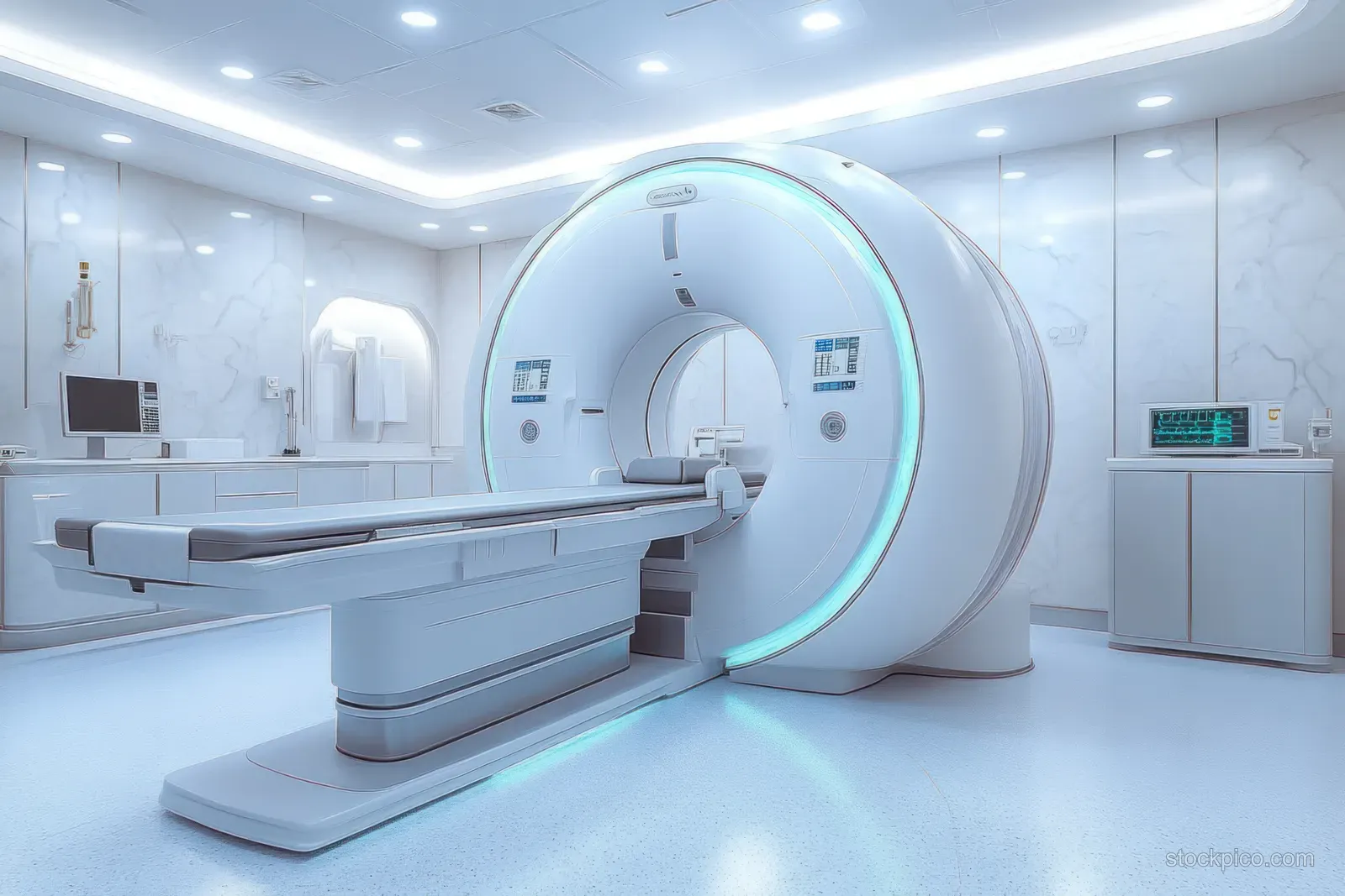 An MRI scanner and patient table in a sterile radiology room under bright ceiling lights.