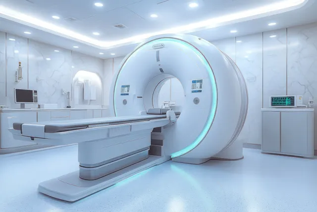An MRI scanner and patient table in a sterile radiology room under bright ceiling lights.