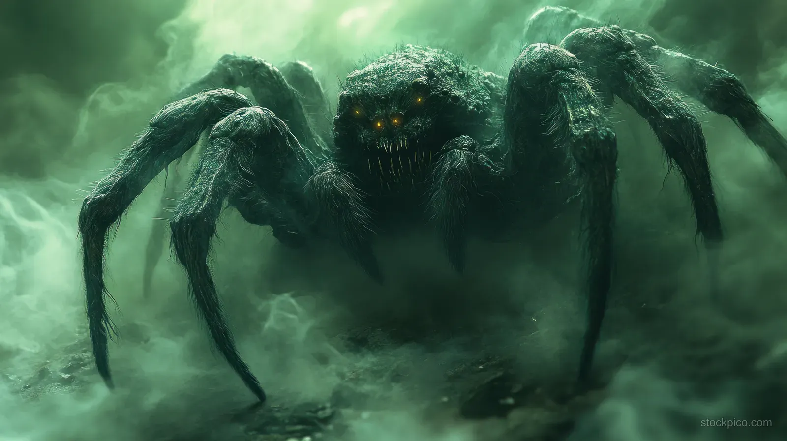 A grotesque spider creature emerges from green mist, glaring under eerie light on a dark night street.