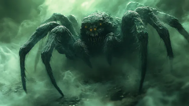 Grotesque spider-like creature emerges from green mist, looming over a shadowy street at night