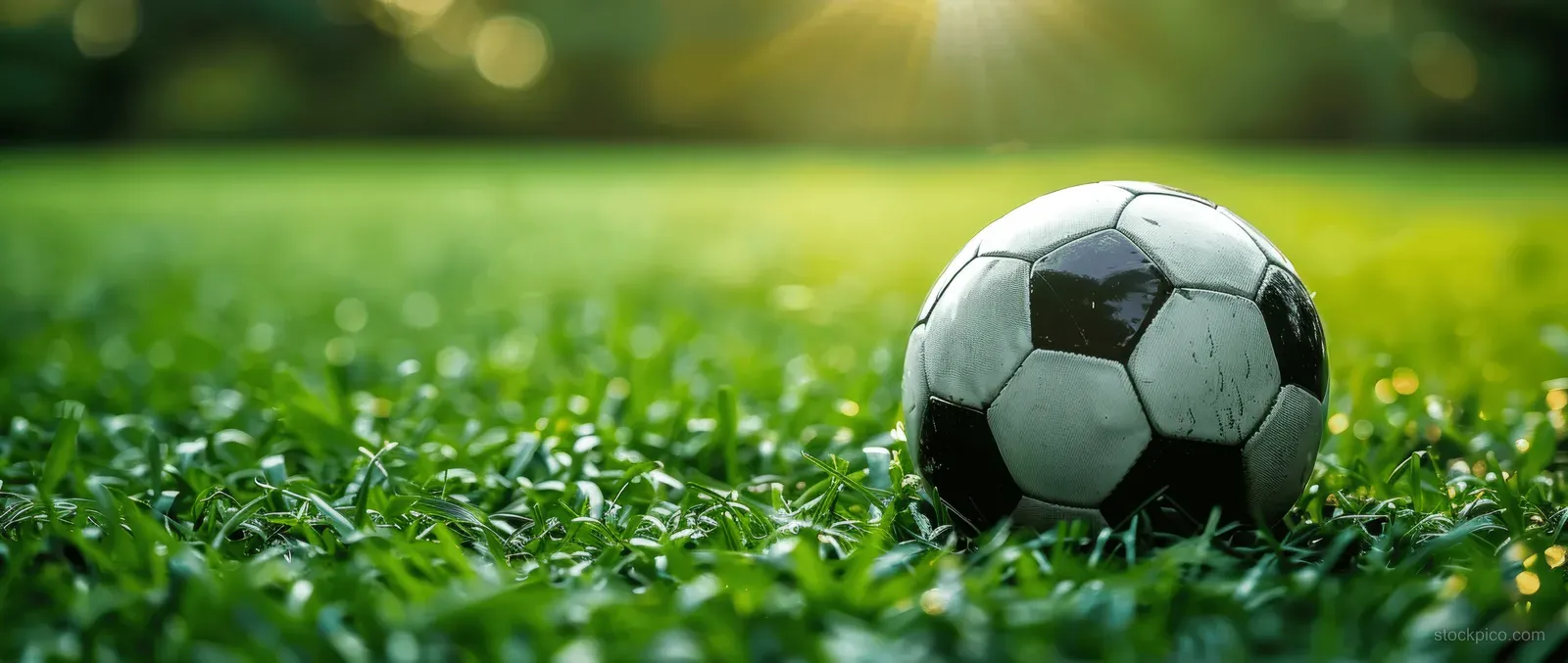 Black-and-white soccer ball resting on green grass with a blurred outdoor field behind it.