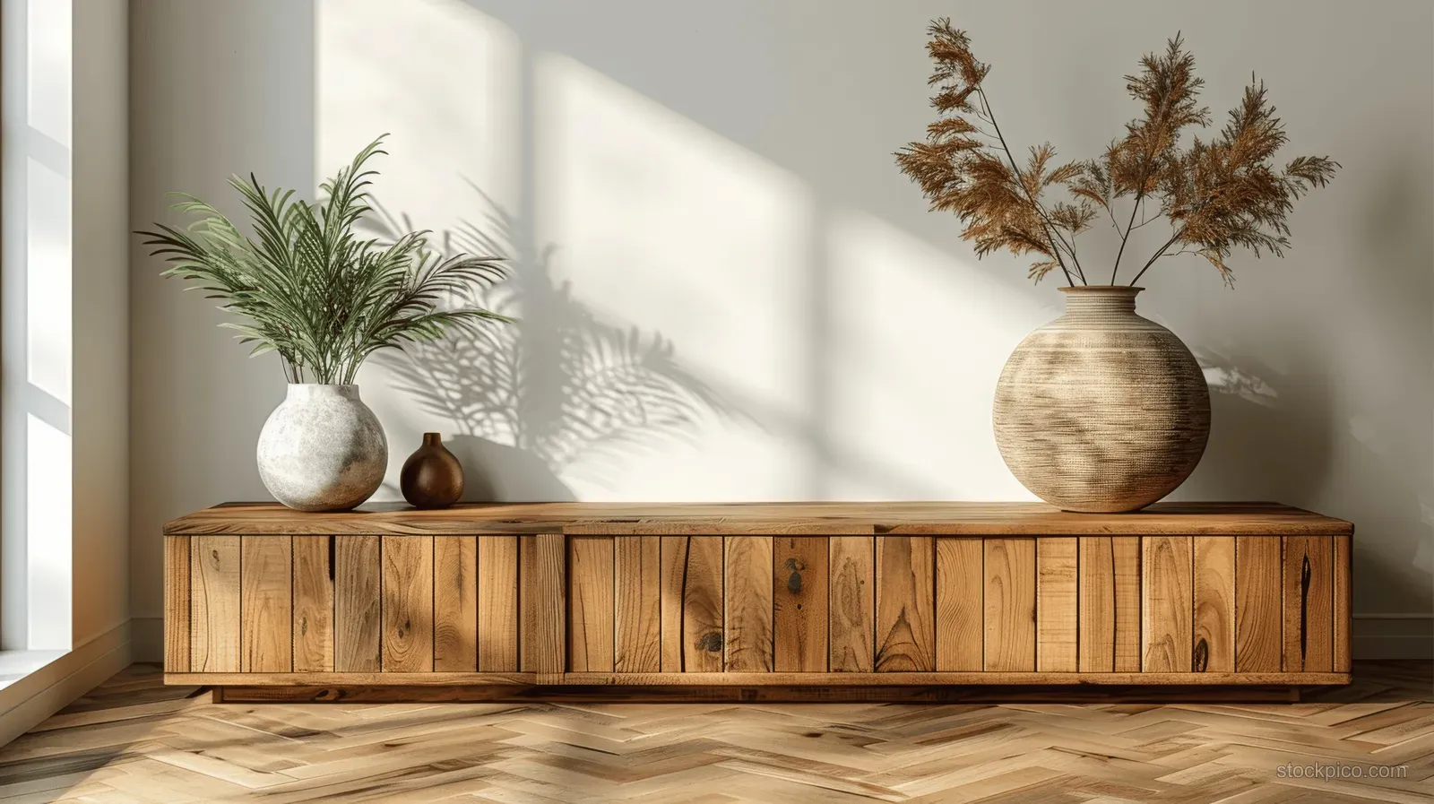 Light wooden sideboard with ceramic vases and dried plants against a beige wall with window light shadows.