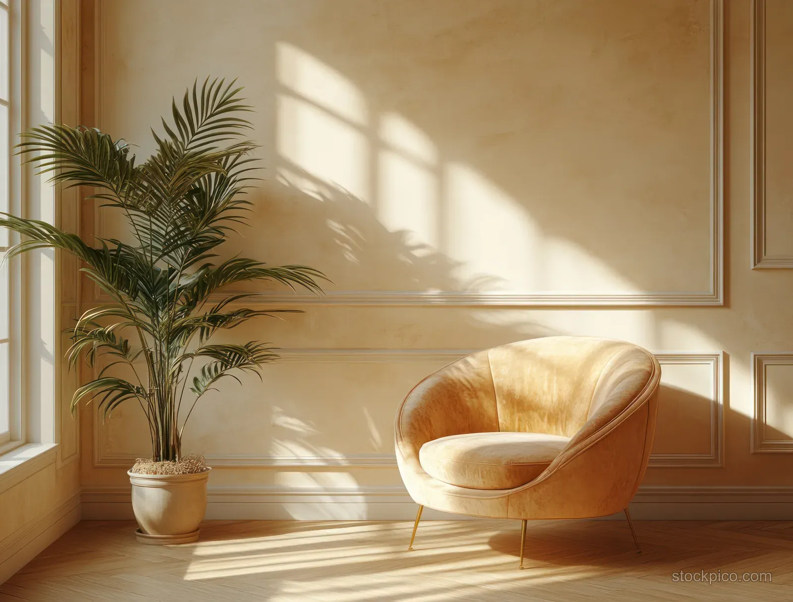 Vintage armchair in a pastel living room beside a sunlit window with a potted palm casting warm shadows.
