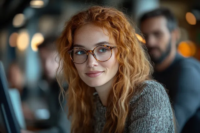 Young woman with curly hair and glasses smiling during business discussion in office
