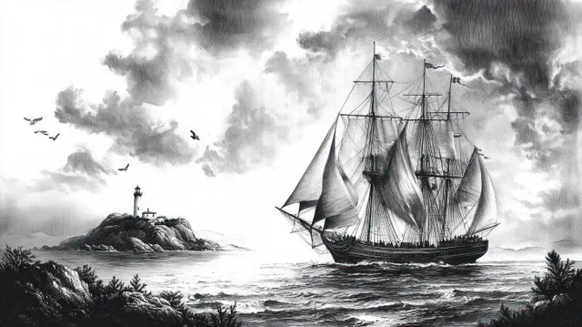 A sailing ship with full sails passes a rocky coast beside a lighthouse as birds fly through stormy clouds.
