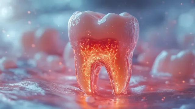 A 3D tooth illustration with inflamed gums and gingival recession, glowing red against a blurred blue dental background.