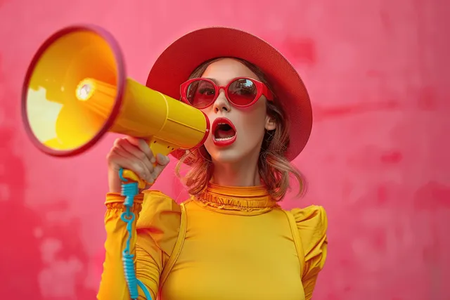 Woman in a yellow dress and red hat shouting through a megaphone against a pink bokeh background.