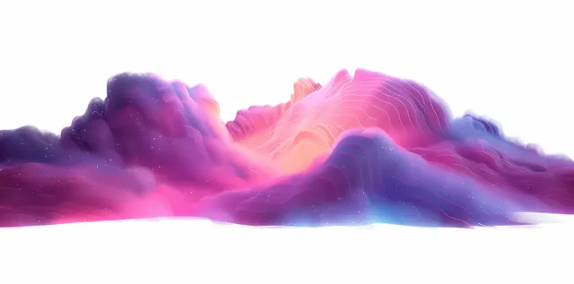 Neon pink and blue light trails twist across a black ribbon in abstract 3D