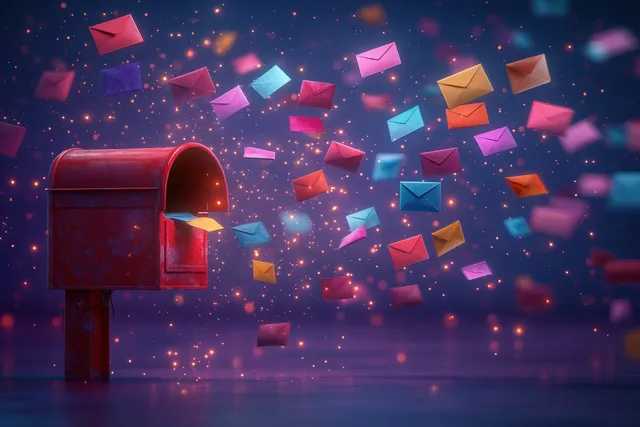 A 3D red mailbox releases colorful flying envelopes next to a notification bell on a purple glowing background.