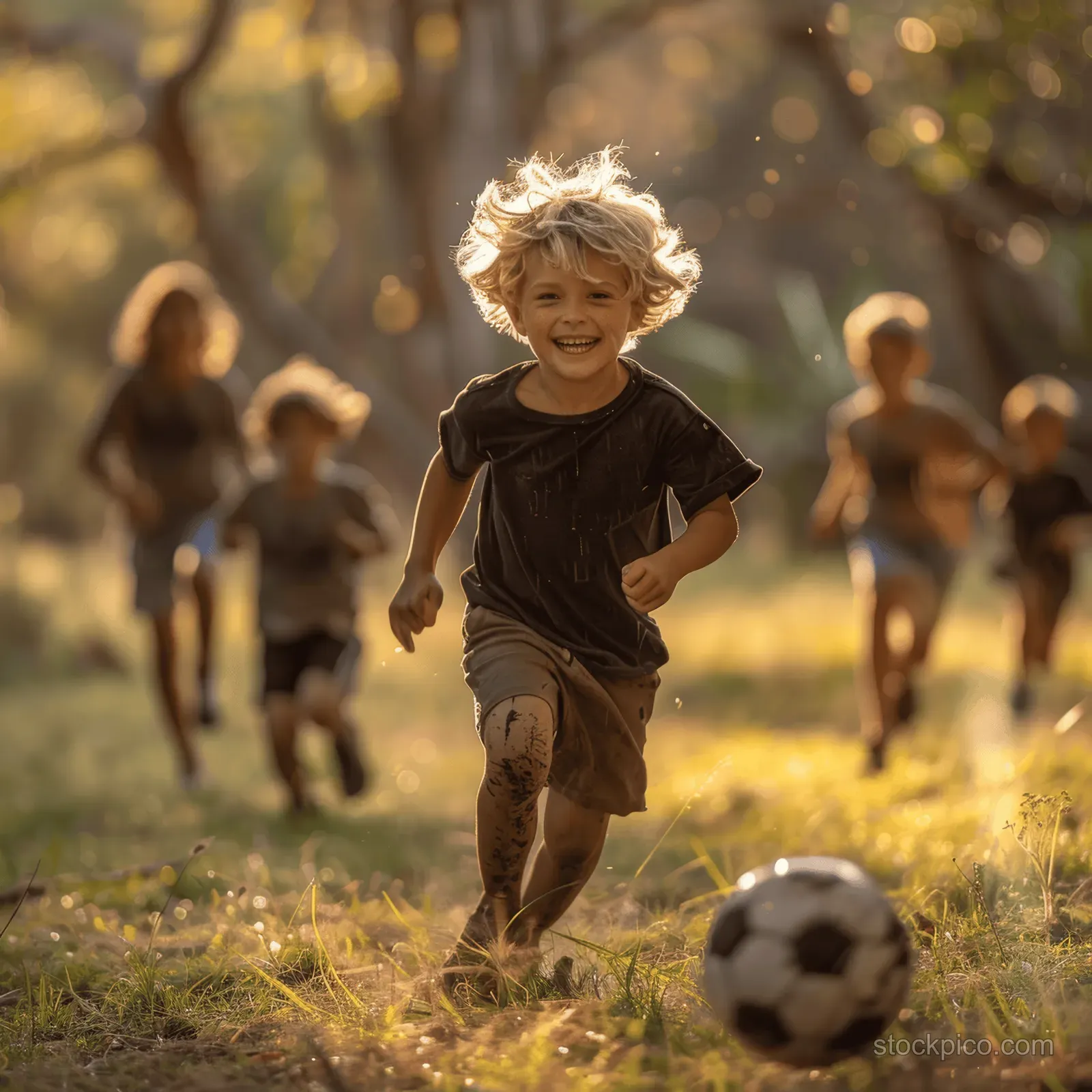 A child kicks a soccer ball on grass as friends run behind in golden-hour sunlight.