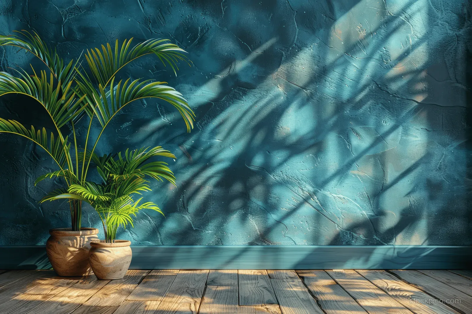 Potted palm plants sit on a wooden floor by a textured blue wall while sunlight casts sharp shadows.