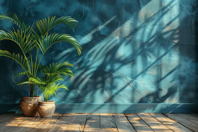 Potted palm plants on wooden floor beside textured blue wall with sunlight shadows