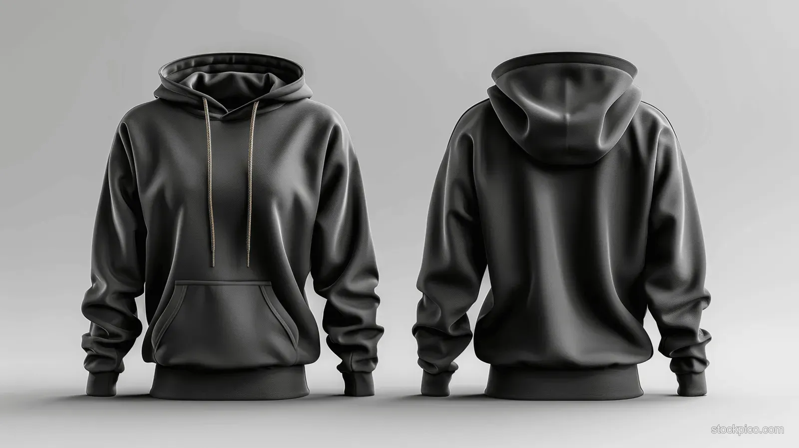 Black hoodie front and back views isolated on a white background with detailed fabric folds.