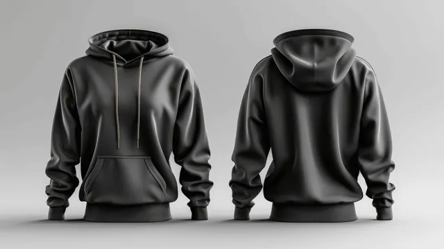 Black hoodie front and back views isolated on a white background with detailed fabric folds.