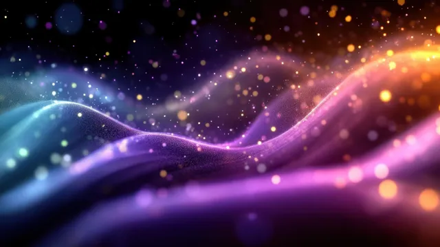Glowing purple and orange wave ribbons drift through dark space with floating spark-like particles.
