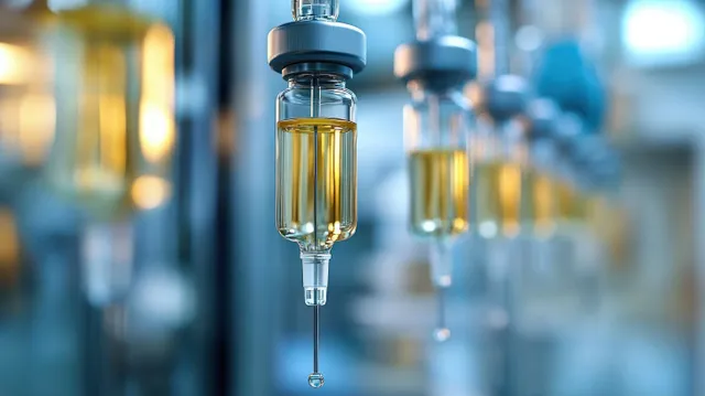 IV infusion bottle and tubing with a visible droplet hanging in a softly blurred hospital hallway.