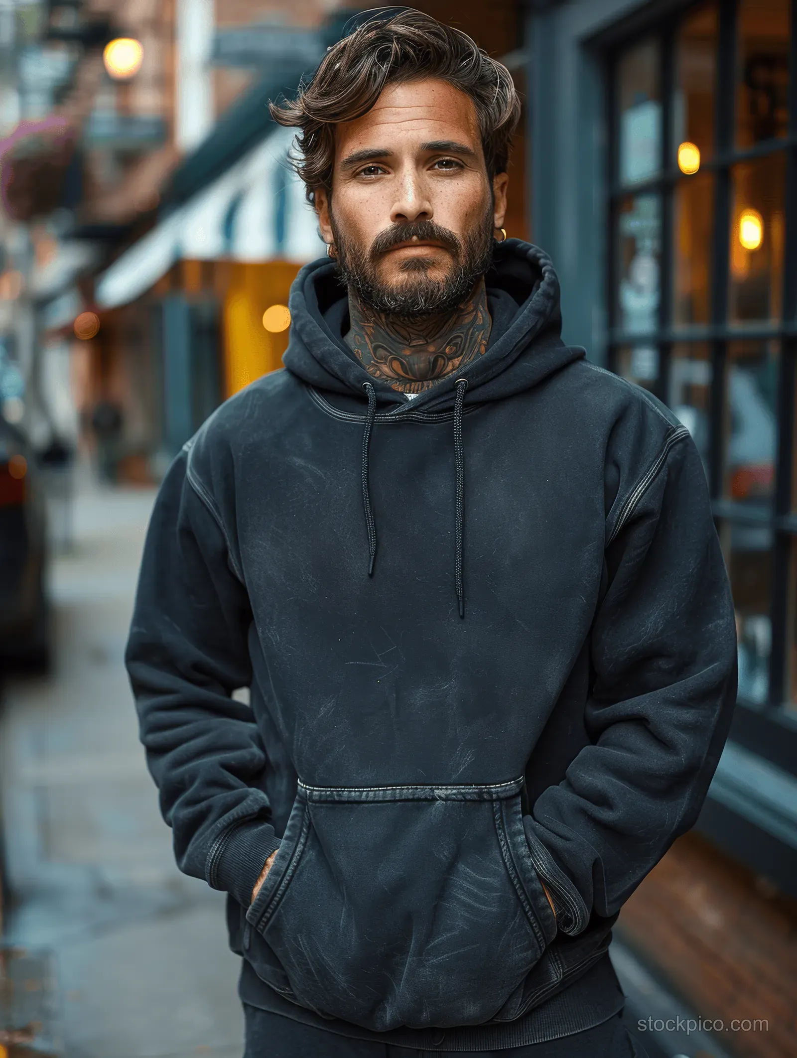 Bearded man wearing a black hoodie with tattoos stands on a city street as storefront lights blur in the background.