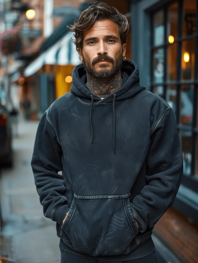 Bearded man wearing a black hoodie with tattoos stands on a city street as storefront lights blur in the background.