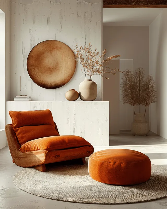 Orange armchair and round ottoman sit on a rug in a minimalist living room with white walls and terracotta vases.