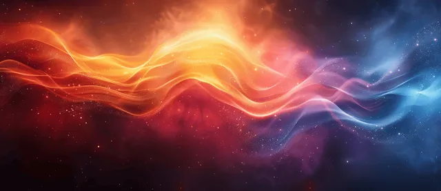 Glowing red and blue wavy light ribbons blend into a dark grainy gradient background.
