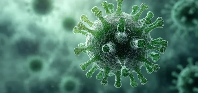 Green coronavirus particle with spiky surface hovering in blurred biohazard background