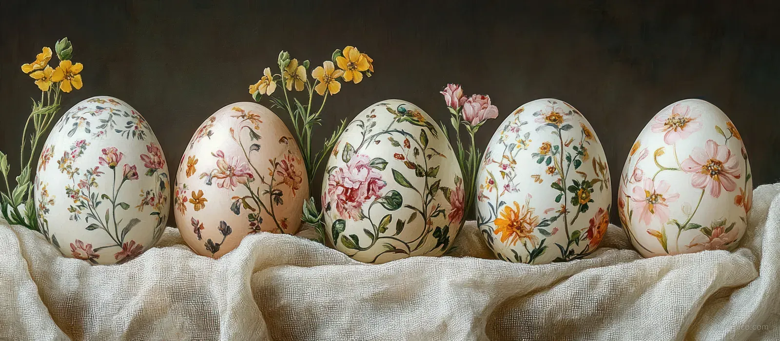 Six decorated eggs with floral patterns rest on beige cloth with small yellow and pink flowers nearby.
