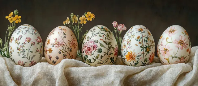 Six decorated eggs with floral patterns rest on beige cloth with small yellow and pink flowers nearby.