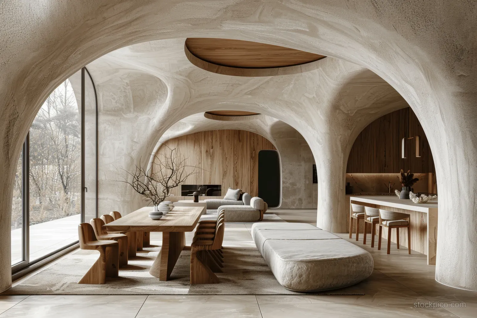 Minimalist dining room with long table under arched stone ceiling, curved wooden wall, and pendant lights.