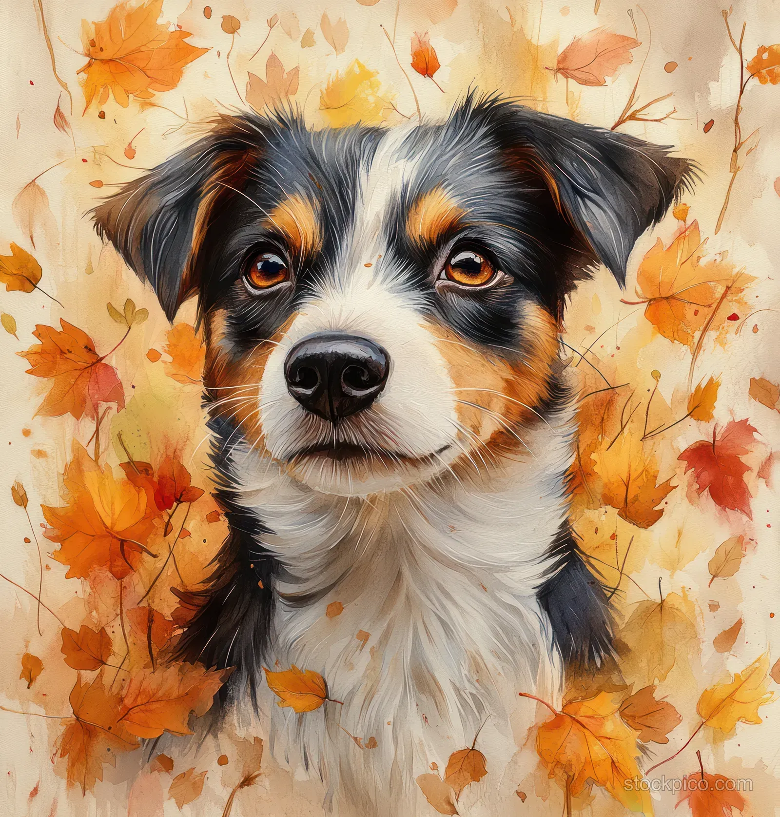 Watercolor portrait of a black-and-white dog framed by scattered orange autumn leaves.
