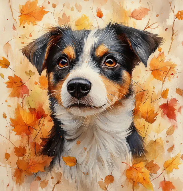 Watercolor portrait of a black-and-white dog framed by scattered orange autumn leaves.