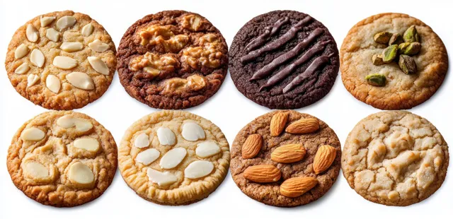 Eight assorted nut and chocolate cookies arranged in two rows on a white background.