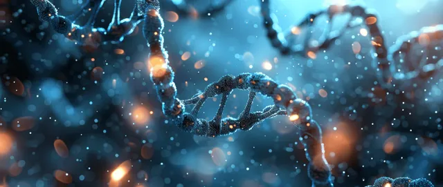 3D DNA helix close-up glowing in blue bokeh light background with sparks
