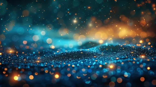 Blue and green glitter particles sparkle across a dark starry night background