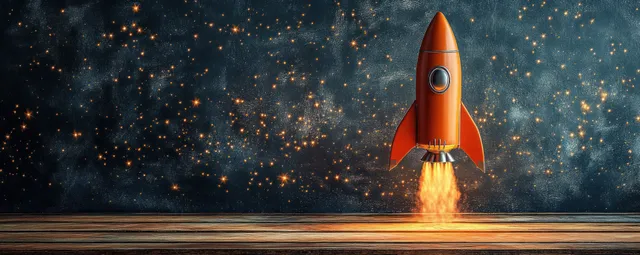 An orange rocket blasts off with glowing flames above a wooden surface under a starry night sky.