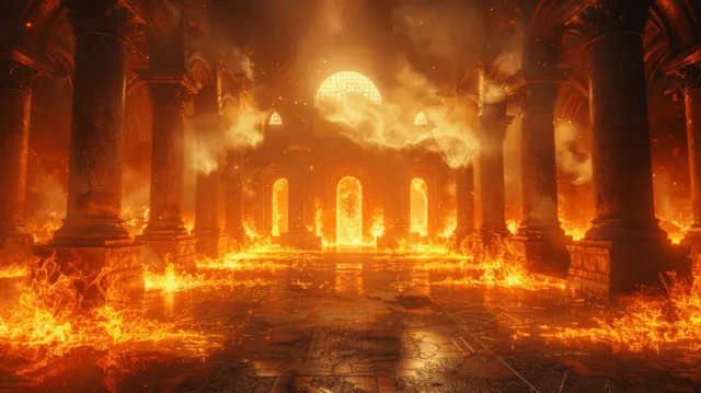 Flaming torches illuminate a dark medieval castle corridor with arched stone columns and bright firelight on the floor.