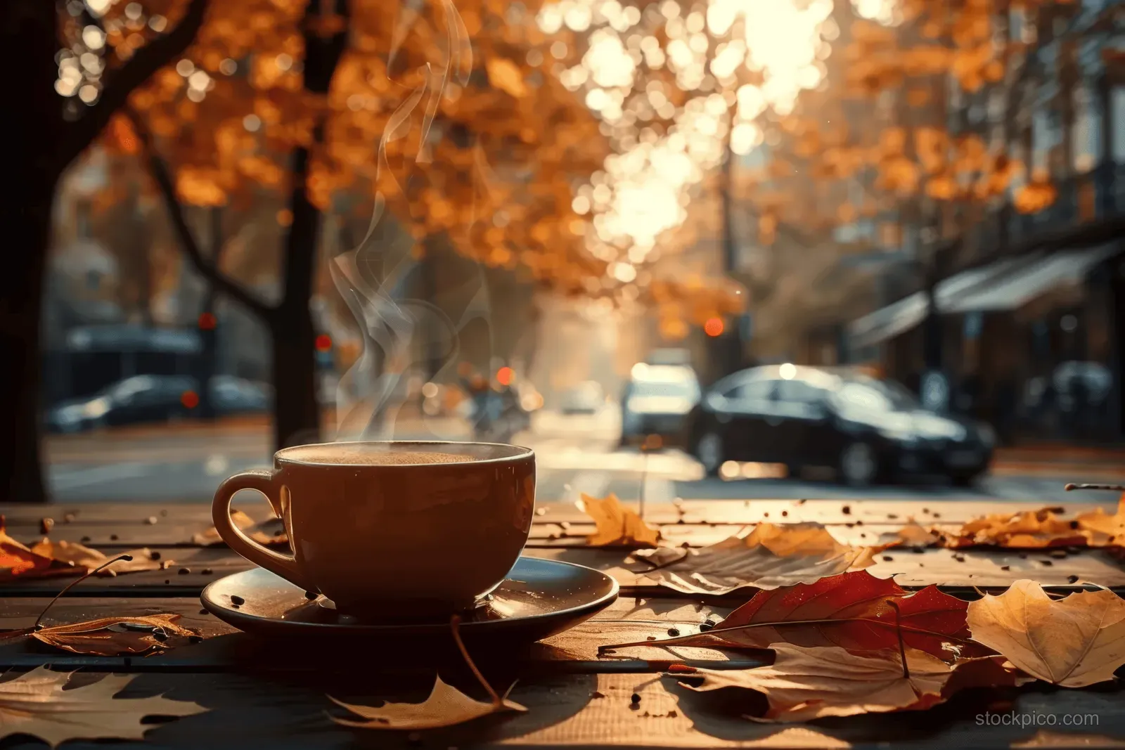 A steaming coffee cup rests on a wooden table beside fallen autumn leaves with a sunlit, blurred city street in back.