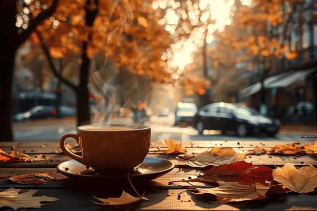 A steaming coffee cup rests on a wooden table beside fallen autumn leaves with a sunlit, blurred city street in back.