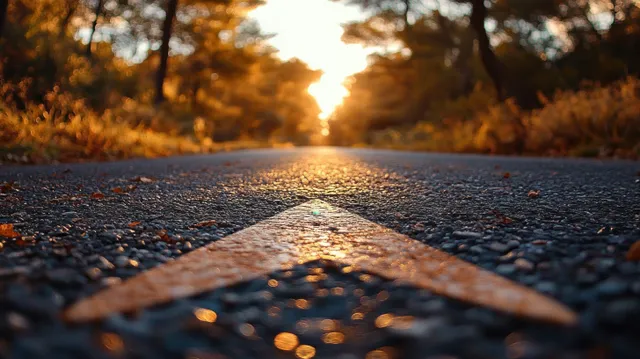 Asphalt road with an arrow marking leads forward under warm golden hour sunlight through trees.