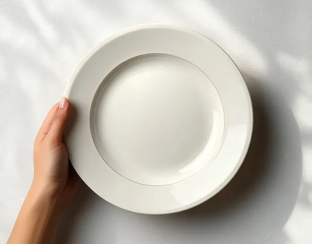 Hand holding an empty white ceramic plate casting soft shadows in natural daylight