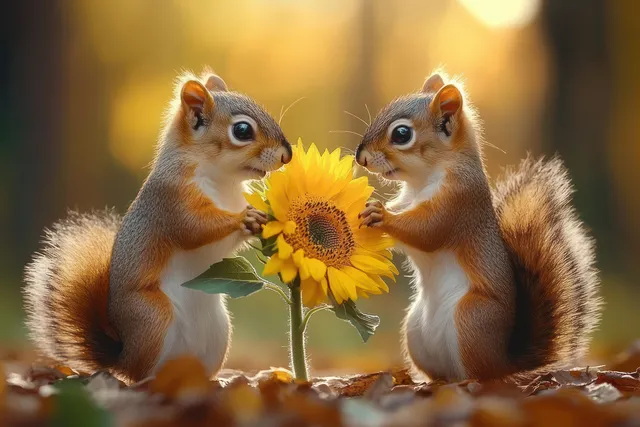 Two baby squirrels face each other while sharing a sunflower on a forest floor.