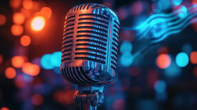 Vintage microphone with glowing sound waves and blue ambient bokeh lights in studio backdrop