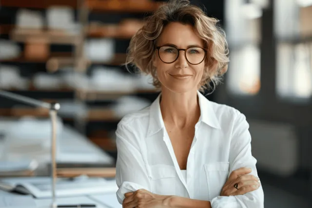 Middle-aged businesswoman smiling in office, leaning on desk with papers and glasses
