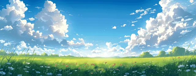 Anime-style meadow with flowers under a bright blue sky and drifting white clouds in sunlight.