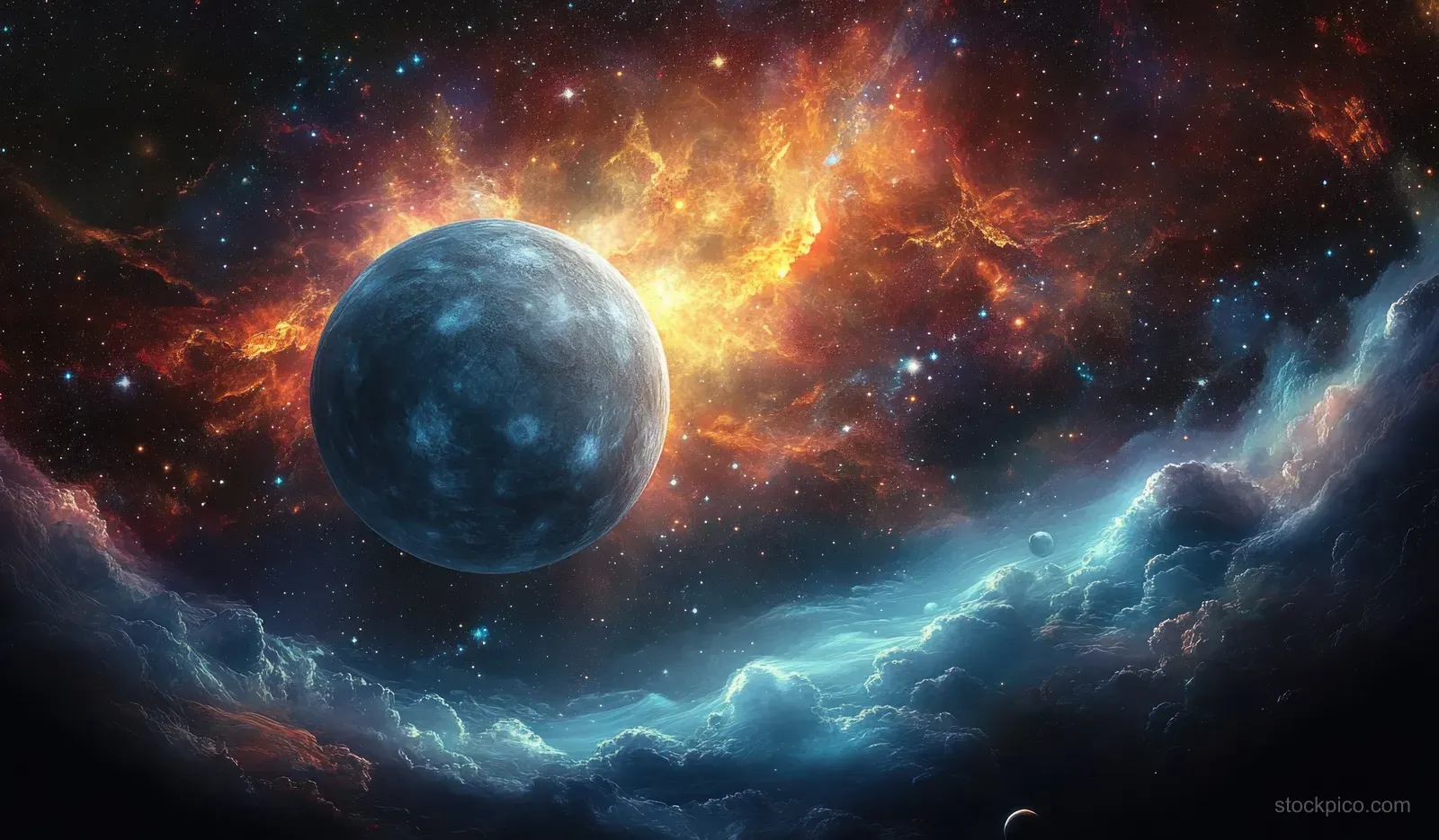 A glowing blue moon hangs over swirling nebula clouds and star-filled space in a surreal cosmic scene.