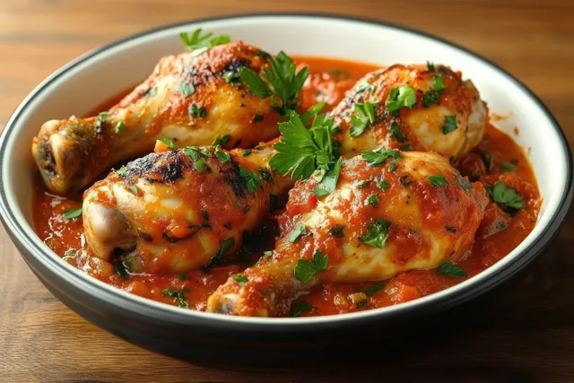 A bowl of chicken drumsticks in tomato sauce topped with fresh parsley on a wooden table.